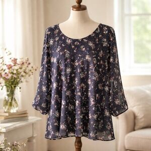 C.J. Banks X Blouse Floral‎ 3/4 Sleeve Pullover Tunic Top Black 14W Rnd Neck